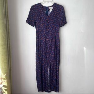 Vintage 90s Scarlett Blue Brown Patterned Front Slit Maxi Dress 5/6